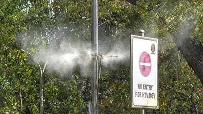 A mist sprayer installed on an electricity pole. (PTI) A mist sprayer installed on an electricity pole. (PTI)