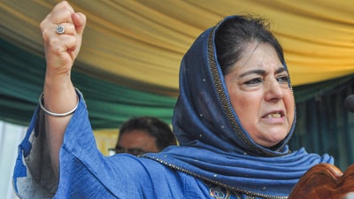 Srinagar, Apr 17 (ANI): People's Democratic Party (PDP) chief Mehbooba Mufti addresses the gathering during the party workers convention, at Sher-e-Kashmir Park in Srinagar on Thursday. (ANI Photo) ( MOHAMMAD AMIN War)