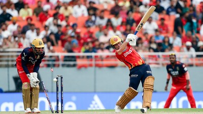 Josh Inglis has his stumps knocked over. Punjab Kings lost 57-5 in the middle overs, completely derailing their batting effort at home. (ANI) Josh Inglis has his stumps knocked over. Punjab Kings lost 57-5 in the middle overs, completely derailing their batting effort at home. (ANI)