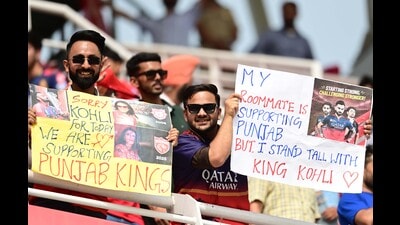 Fans cheering for Virat Kohli his 67th 50-plus score in IPL, the most for any player in this format, at Maharaja Yadavindra Singh International Cricket Stadium, Mullanpur, on Sunday. (Ravi Kumar/HT) Fans cheering for Virat Kohli his 67th 50-plus score in IPL, the most for any player in this format, at Maharaja Yadavindra Singh International Cricket Stadium, Mullanpur, on Sunday. (Ravi Kumar/HT)