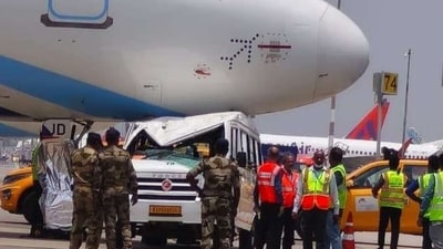 A tempo traveler crashed into parked IndiGo aircraft in Bengaluru airport (X/airmainengineer) A tempo traveler crashed into parked IndiGo aircraft in Bengaluru airport (X/airmainengineer)