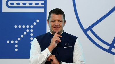 Indian airline IndiGo's CEO Pieter Elbers gestures as he addresses a gathering at a company event in New Delhi, India. (Reuters)
