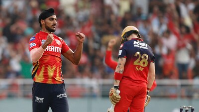 Arshdeep Singh provided an early breakthrough as he bounced out Phil Salt, providing an early window for PBKS in their defence of 158. (AP) Arshdeep Singh provided an early breakthrough as he bounced out Phil Salt, providing an early window for PBKS in their defence of 158. (AP)