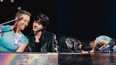 BTS' Jin with Coldplay's Chris Martin at their Seoul concert. BTS' Jin with Coldplay's Chris Martin at their Seoul concert.