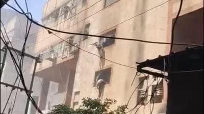 On April 1 morning, when a fire broke out in the eight-storey building in Sector 18, Pooja Gupta, who was employed on the fourth floor, jumped from the building to save her life after suffering burn injuries. (HT Photo) On April 1 morning, when a fire broke out in the eight-storey building in Sector 18, Pooja Gupta, who was employed on the fourth floor, jumped from the building to save her life after suffering burn injuries. (HT Photo)