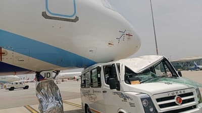 The damaged tempo traveller crashed into a stationary IndiGo aircraft on Friday. (HT photo) The damaged tempo traveller crashed into a stationary IndiGo aircraft on Friday. (HT photo)