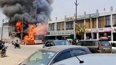 The furniture shop on fire in Gaur City 2, Greater Noida, as seen in a video. (HT Photo) The furniture shop on fire in Gaur City 2, Greater Noida, as seen in a video. (HT Photo)