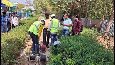 The ground penetrating radar survey being carried out by GMRL near Sector 44 in Gurugram on Sunday. (HT PHOTO) The ground penetrating radar survey being carried out by GMRL near Sector 44 in Gurugram on Sunday. (HT PHOTO)