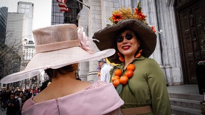People extend wishes to each other at Saint Patrick's cathedral before the Easter Bonnet Parade on April 20, 2025 in New York City. (Photo by KENA BETANCUR / GETTY IMAGES NORTH AMERICA / Getty Images via AFP) (Getty Images via AFP) People extend wishes to each other at Saint Patrick's cathedral before the Easter Bonnet Parade on April 20, 2025 in New York City. (Photo by KENA BETANCUR / GETTY IMAGES NORTH AMERICA / Getty Images via AFP) (Getty Images via AFP)