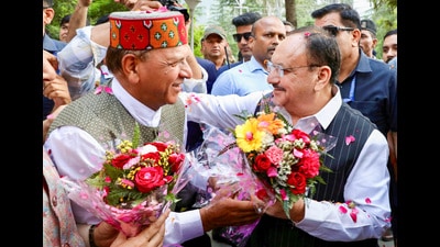 Union health minister and BJP national president JP Nadda with BJP’s Himachal Pradesh president Rajeev Bindal in Chamba on Sunday. (ANI) Union health minister and BJP national president JP Nadda with BJP’s Himachal Pradesh president Rajeev Bindal in Chamba on Sunday. (ANI)