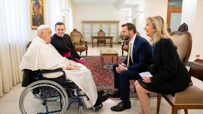 “I know you have not been feeling great, but it’s good to see you in better health,” Vance told the pope who is recovering from a near-fatal bout of pneumonia. “Thank you for seeing me." According to the Vatican, the two men briefly met "to exchange Easter greetings" at the Domus Santa Marta. Vance's motorcade spent a total of seventeen minutes on Vatican property, The Guardian reported. (AFP) “I know you have not been feeling great, but it’s good to see you in better health,” Vance told the pope who is recovering from a near-fatal bout of pneumonia. “Thank you for seeing me." According to the Vatican, the two men briefly met "to exchange Easter greetings" at the Domus Santa Marta. Vance's motorcade spent a total of seventeen minutes on Vatican property, The Guardian reported. (AFP)
