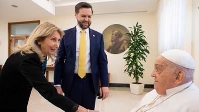 Vance was welcomed into one of the reception rooms of the Vatican hotel where Francis resides. The 88-year-old pope presented the vice-president with a Vatican tie, rosaries, and three giant chocolate Easter eggs for Vance's three small children, who were not present. (Photo by Handout / VATICAN MEDIA / AFP) / RESTRICTED TO EDITORIAL USE - MANDATORY CREDIT "AFP PHOTO / VATICAN MEDIA" - NO MARKETING - NO ADVERTISING CAMPAIGNS - DISTRIBUTED AS A SERVICE TO CLIENTS (AFP) Vance was welcomed into one of the reception rooms of the Vatican hotel where Francis resides. The 88-year-old pope presented the vice-president with a Vatican tie, rosaries, and three giant chocolate Easter eggs for Vance's three small children, who were not present. (Photo by Handout / VATICAN MEDIA / AFP) / RESTRICTED TO EDITORIAL USE - MANDATORY CREDIT "AFP PHOTO / VATICAN MEDIA" - NO MARKETING - NO ADVERTISING CAMPAIGNS - DISTRIBUTED AS A SERVICE TO CLIENTS (AFP)