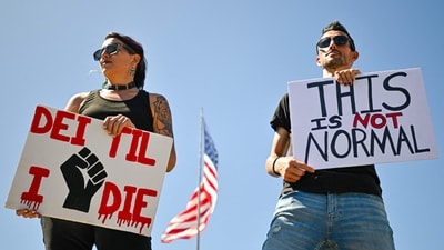 Saturday’s actions were spearheaded by activist group 50501 — representing 50 protests in 50 states and one united movement. According to organisers, over 400 demonstrations were planned nationwide. In pic: Protest rallies against US President Donald Trump Cocoa, Florida- April 19: (Getty Images via AFP) Saturday’s actions were spearheaded by activist group 50501 — representing 50 protests in 50 states and one united movement. According to organisers, over 400 demonstrations were planned nationwide. In pic: Protest rallies against US President Donald Trump Cocoa, Florida- April 19: (Getty Images via AFP)