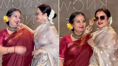 Shabana Azmi and Rekha were all smiles at the recently held Dabba Cartel screening. Shabana Azmi and Rekha were all smiles at the recently held Dabba Cartel screening.