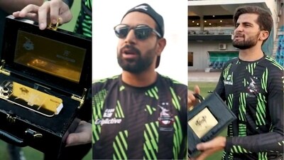Haris Rauf was left in envy as Lahore Qalandars had a special gift for Shaheen Shah Afridi. (Twitter) Haris Rauf was left in envy as Lahore Qalandars had a special gift for Shaheen Shah Afridi. (Twitter)