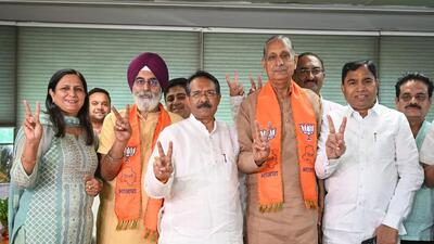 BJP candidates Raja Iqbal Singh and Jai Bhagwan Yadav along with other BJP leaders ahead of filing their nomination papers at the Civic Center. (Sanchit Khanna/HT photo) BJP candidates Raja Iqbal Singh and Jai Bhagwan Yadav along with other BJP leaders ahead of filing their nomination papers at the Civic Center. (Sanchit Khanna/HT photo)
