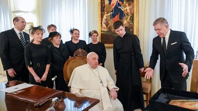 Pope Francis met with Slovakia's Prime Minister Robert Fico, right, and his entourage at The Vatican Friday, Feb. 14, 2025. (Vatican Media via AP) (AP) Pope Francis met with Slovakia's Prime Minister Robert Fico, right, and his entourage at The Vatican Friday, Feb. 14, 2025. (Vatican Media via AP) (AP)