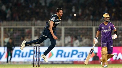 Prasidh Krishna extended his lead at the top of the Purple Cap race, now on 16 wickets after 8 matches of the season. He took two wickets in the space of three deliveries in KKR's chase, finishing with figures of 2-25. (REUTERS)