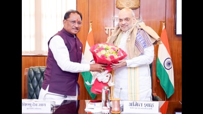 Chhattisgarh chief minister Vishnu Deo Sai meets Union home minister Amit Shah in New Delhi on Monday. (ANI) Chhattisgarh chief minister Vishnu Deo Sai meets Union home minister Amit Shah in New Delhi on Monday. (ANI)