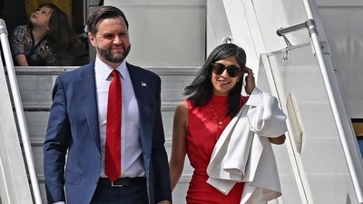 US Vice President JD Vance and his wife Usha Vance disembark an aircraft on upon their arrival at the airport in New Delhi on April 21, 2025. Vance begins a four-day visit to India on April 21 as New Delhi looks to seal an early trade deal and stave off punishing US tariffs. (AFP) US Vice President JD Vance and his wife Usha Vance disembark an aircraft on upon their arrival at the airport in New Delhi on April 21, 2025. Vance begins a four-day visit to India on April 21 as New Delhi looks to seal an early trade deal and stave off punishing US tariffs. (AFP)