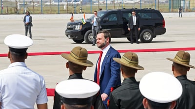 JD Vance inspects a ceremonial guard of honour upon his arrival at Palam airport in New Delhi on Monday. (ANI/PIB) JD Vance inspects a ceremonial guard of honour upon his arrival at Palam airport in New Delhi on Monday. (ANI/PIB)