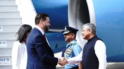 US Vice President JD Vance was welcomed by Union Minister Ashwini Vaishnaw as he landed at Palam Airport in Delhi. (HT Photo) US Vice President JD Vance was welcomed by Union Minister Ashwini Vaishnaw as he landed at Palam Airport in Delhi. (HT Photo)