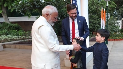 PM Narendra Modi with US Vice President JD Vance and his two sons. (HT Photo ) PM Narendra Modi with US Vice President JD Vance and his two sons. (HT Photo )