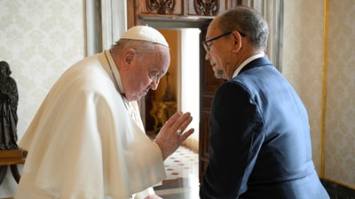 Leslie Voltaire, president of Haiti's Transitional Council, met Pope Francis at the Vatican January 25, 2025. Vatican Media/­Handout via REUTERS ATTENTION EDITORS - THIS IMAGE WAS PROVIDED BY A THIRD PARTY. (via REUTERS)