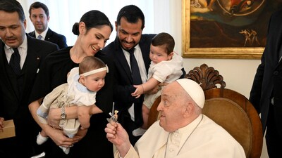 Pope Francis met with members of the foundation of "Gaudium et Spes" at the Vatican, February 14, 2025. Vatican Media/Simone Risoluti/­Handout via REUTERS ATTENTION EDITORS - THIS IMAGE WAS PROVIDED BY A THIRD PARTY. (via REUTERS)