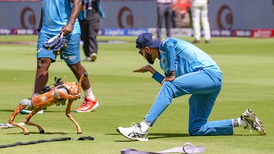 Gujarat Titans' Mohammed Siraj with Champak, a robotic camera dog before an Indian Premier League (IPL) 2025 T20 cricket match between Gujarat Titans and Delhi Capitals. (PTI) Gujarat Titans' Mohammed Siraj with Champak, a robotic camera dog before an Indian Premier League (IPL) 2025 T20 cricket match between Gujarat Titans and Delhi Capitals. (PTI)