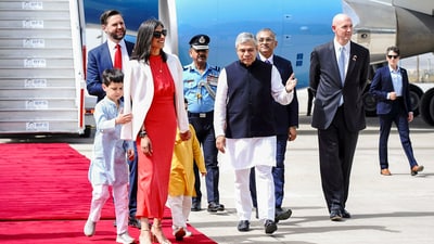 In this image released by @MEAIndia via X on April 21, 2025, US Vice President J.D. Vance and Second Lady Usha Vance being received by Union Minister Ashwini Vaishnaw and other officials upon their arrival in New Delhi. (@MEAIndia via PTI Photo) (@MEAIndia) In this image released by @MEAIndia via X on April 21, 2025, US Vice President J.D. Vance and Second Lady Usha Vance being received by Union Minister Ashwini Vaishnaw and other officials upon their arrival in New Delhi. (@MEAIndia via PTI Photo) (@MEAIndia)