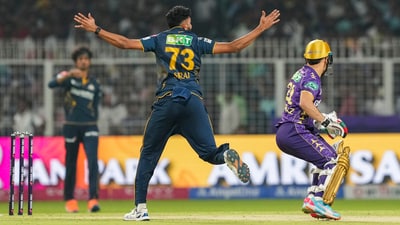 Mohammed Siraj struck in the very first over of KKR's chase, removing Rahmanullah Gurbaz in the Afghan batter's first match of the season. Siraj continues his strong form with the new ball, up to 12 wickets in the season. (PTI) Mohammed Siraj struck in the very first over of KKR's chase, removing Rahmanullah Gurbaz in the Afghan batter's first match of the season. Siraj continues his strong form with the new ball, up to 12 wickets in the season. (PTI)