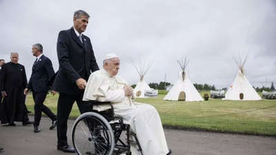 Pope Francis, who apologized to members of Canada's indigenous population, is wheeled passed teepees at the site of the former Ermineskin Residential School during his visit on July 25, 2022, in Maskwacis, Alberta, Canada.&nbsp; (Getty)