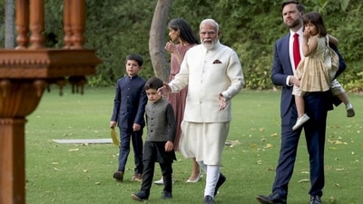 Prime Minister Narendra Modi with US vice president JD Vance, Second Lady Usha Vance and their children, in New Delhi, on Monday. (PMO) Prime Minister Narendra Modi with US vice president JD Vance, Second Lady Usha Vance and their children, in New Delhi, on Monday. (PMO)