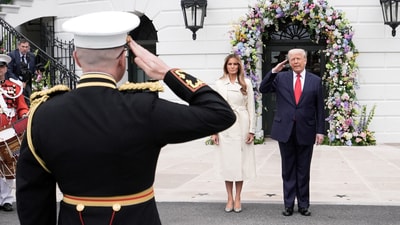 U.S. President Donald Trump and U.S. first lady Melania Trump attend the annual White House Easter Egg Roll event, on the South Lawn of the White House in Washington, D.C., U.S., April 21, 2025. REUTERS/Ken Cedeno (REUTERS)