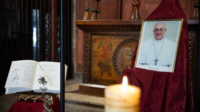 An image of Pope Francis is placed in the Chapel of Saint Lucia in Barcelona's cathedral, on April 21, 2025. (Photo by Josep LAGO / AFP) (AFP) An image of Pope Francis is placed in the Chapel of Saint Lucia in Barcelona's cathedral, on April 21, 2025. (Photo by Josep LAGO / AFP) (AFP)