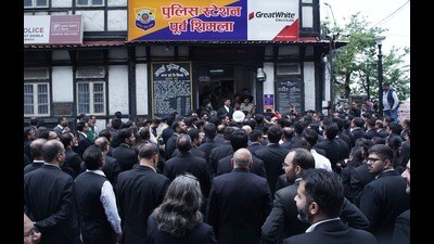 The protest outside Chotta Shimla police station in Himachal on Monday. (Deepak Sansta/HT)