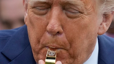 President Donald Trump blows a gold plated whistle with the presidential seal, during the White House Easter Egg Roll on the South Lawn of the White House, Monday, April 21, 2025, in Washington. (AP Photo/Alex Brandon) (AP) President Donald Trump blows a gold plated whistle with the presidential seal, during the White House Easter Egg Roll on the South Lawn of the White House, Monday, April 21, 2025, in Washington. (AP Photo/Alex Brandon) (AP)