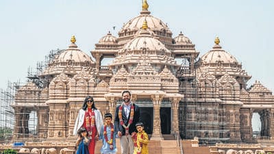 US Vice President JD Vance, his wife, Second Lady Usha Vance, along with their children Ewan, Vivek and Mirabel at the Akshardham Temple in New Delhi on Monday. (AFP) US Vice President JD Vance, his wife, Second Lady Usha Vance, along with their children Ewan, Vivek and Mirabel at the Akshardham Temple in New Delhi on Monday. (AFP)