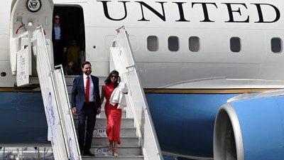 US Vice President JD Vance and second lady Usha Vance arrive in New Delhi hand-in-hand on Monday.&nbsp; (REUTERS)