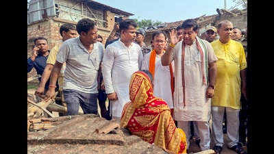 West Bengal BJP President Sukanta Majumdar interacts with violence-affected people in Murshidabad during his visit to the district. (PTI) West Bengal BJP President Sukanta Majumdar interacts with violence-affected people in Murshidabad during his visit to the district. (PTI)