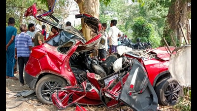 Wreckage of a car after it rammed into a tree, in Kushinagar district, Uttar Pradesh, late Sunday night. (PTI) Wreckage of a car after it rammed into a tree, in Kushinagar district, Uttar Pradesh, late Sunday night. (PTI)
