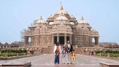 US Vice President JD Vance, Second Lady Usha Vance, and their children visited Swaminarayan Akshardham in New Delhi on Monday, marking the start of their India tour. (Photo Via Akshardham) US Vice President JD Vance, Second Lady Usha Vance, and their children visited Swaminarayan Akshardham in New Delhi on Monday, marking the start of their India tour. (Photo Via Akshardham)