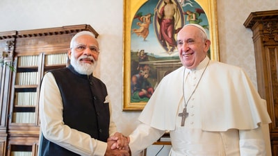 In this Oct. 30, 2021 file photo, Pope Francis is seen with Prime Minister Narendra Modi in Vatican City. (PTI) In this Oct. 30, 2021 file photo, Pope Francis is seen with Prime Minister Narendra Modi in Vatican City. (PTI)