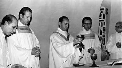 In this photo circa 1976 (from left) Victor Zorzin, rector of the School Maximo, Andres Swinnen, teacher of the novices, Jorge Mario Bergoglio, province superior, Carlos Cravena, minister of the school Maximo, and Hipolito Salvo, ex-provincial in Argentina. Less API/GAMMA/Gamma-Rapho/Getty Images 
