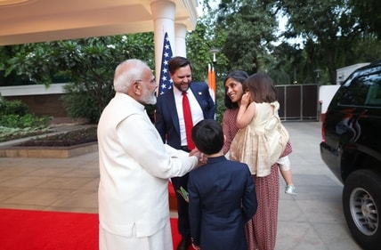 PM Modi greets Second Lady Usha Vance, as well as her children, Ewan, Mirabel and Vivek Vance (HT) PM Modi greets Second Lady Usha Vance, as well as her children, Ewan, Mirabel and Vivek Vance (HT)