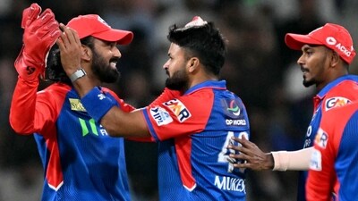 The trio of Mukesh Kumar (4/33), Mitchell Starc (1/25) and Dushmantha Chameera (1/25 in 3 overs) used slower deliveries smartly as LSG could only manage a below-par 159/6 after being 87/1 at the halfway mark. (AFP) The trio of Mukesh Kumar (4/33), Mitchell Starc (1/25) and Dushmantha Chameera (1/25 in 3 overs) used slower deliveries smartly as LSG could only manage a below-par 159/6 after being 87/1 at the halfway mark. (AFP)