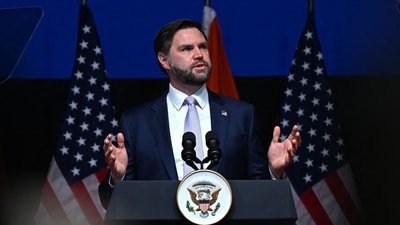 US Vice President JD Vance addresses the gathering at the Rajasthan International Centre in Jaipur on April 22, 2025. (AFP) US Vice President JD Vance addresses the gathering at the Rajasthan International Centre in Jaipur on April 22, 2025. (AFP)