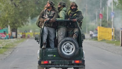 Soldiers patrol in an armoured vehicle near Pahalgam in south Kashmir after terrorists opened fire on tourists visiting Pahalgam on April 22 (AP) Soldiers patrol in an armoured vehicle near Pahalgam in south Kashmir after terrorists opened fire on tourists visiting Pahalgam on April 22 (AP)