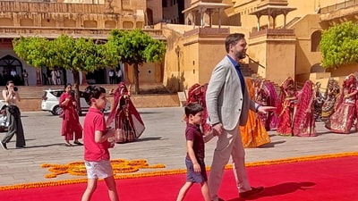 US vice president JD Vance with his children visits the historical Amer Fort, in Jaipur, Tuesday, April 22, 2025. The Vance family received a warm and vibrant welcome at the Fort. (PTI) US vice president JD Vance with his children visits the historical Amer Fort, in Jaipur, Tuesday, April 22, 2025. The Vance family received a warm and vibrant welcome at the Fort. (PTI)